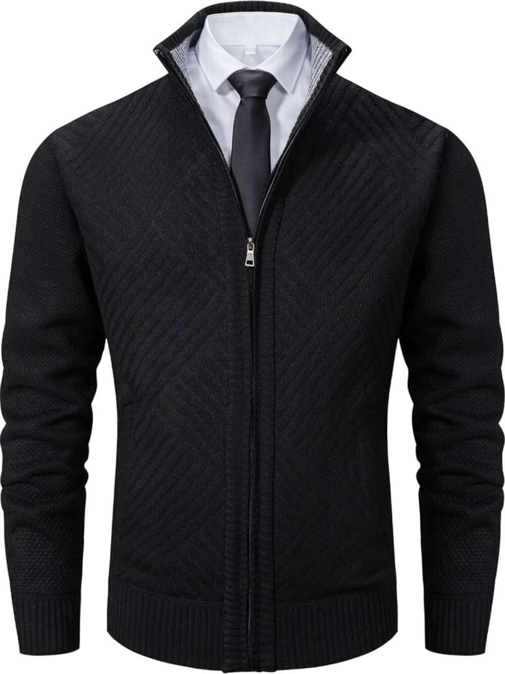 Men's Slim Fit Full Zip Stand Collar Casual Knitted Cardigan Sweater with